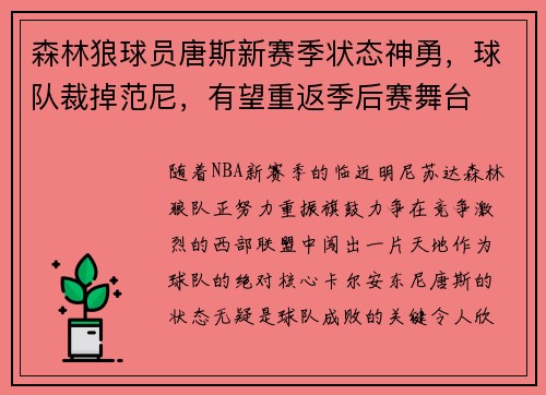 森林狼球员唐斯新赛季状态神勇，球队裁掉范尼，有望重返季后赛舞台